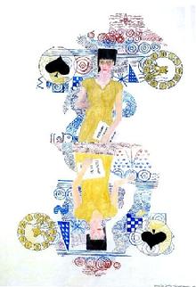 Woman at a Theatre. Acrylics, waterproof ink, brushes, dip pen, canvas, April 18, 2009. 49 x 59 cm.