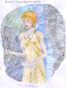 Woman at a Theatre: Developing Pointillism-2. Acrylics (brushes), ink (dip pen) on paper, April 12, 2009, 24 x 18 cm.
