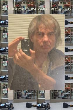 There are two pictures: Andrew Praiseword in front of his guitar and legendary truck and his self-portrait in his Sentinel Rd, 2014-2016 room